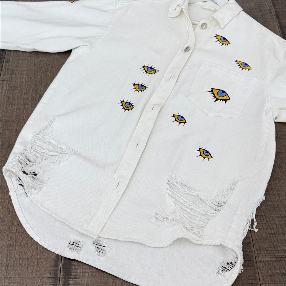Eye See You Handmade Hand-Painted White Jeans Jacket – Made in Greece - Picture 16 of 17
